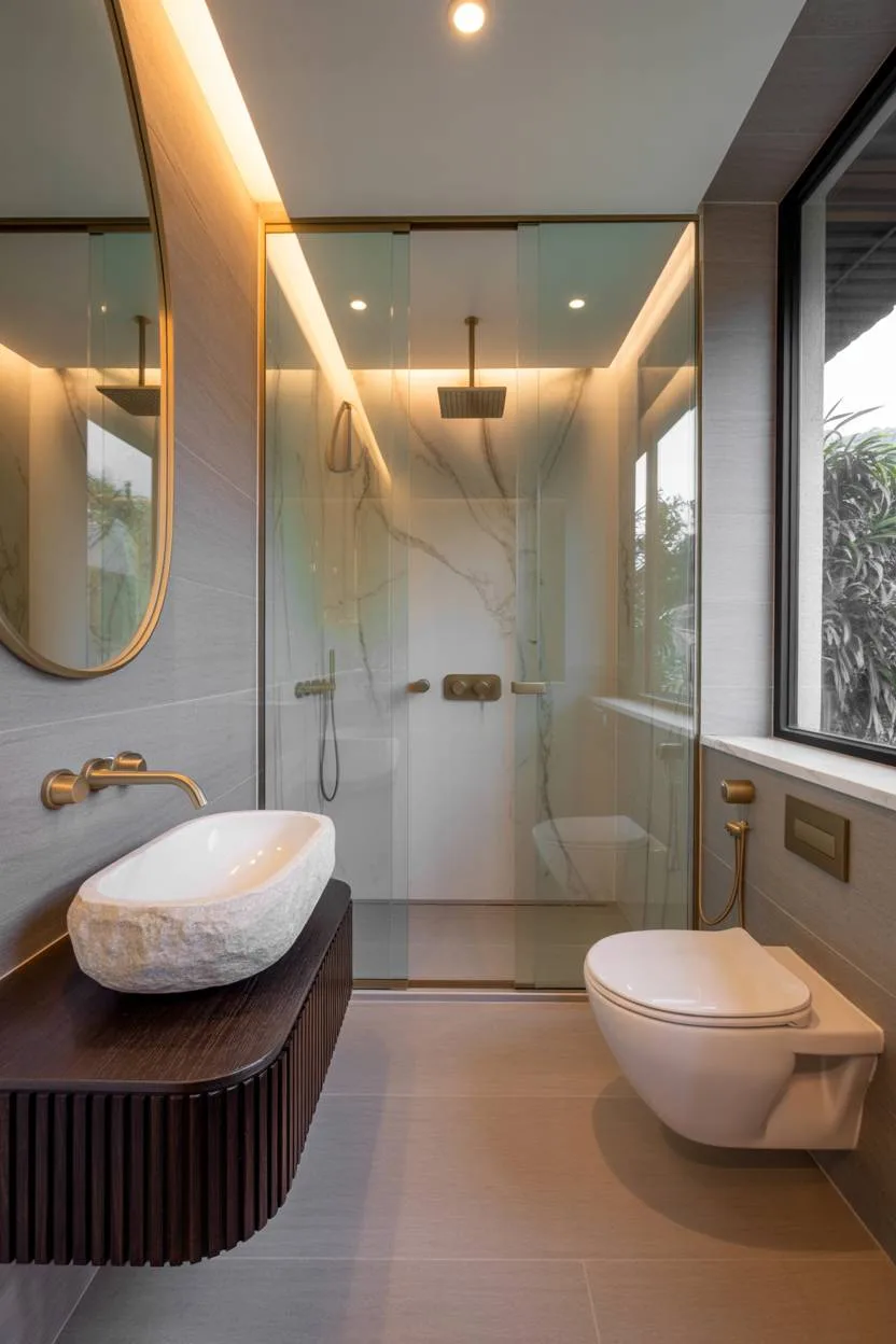 23 Modern Luxury Bathroom Design Ideas for a Stylish Home 22 Modern master bathroom with floating sink, bidet toilet, and marble shower tiles