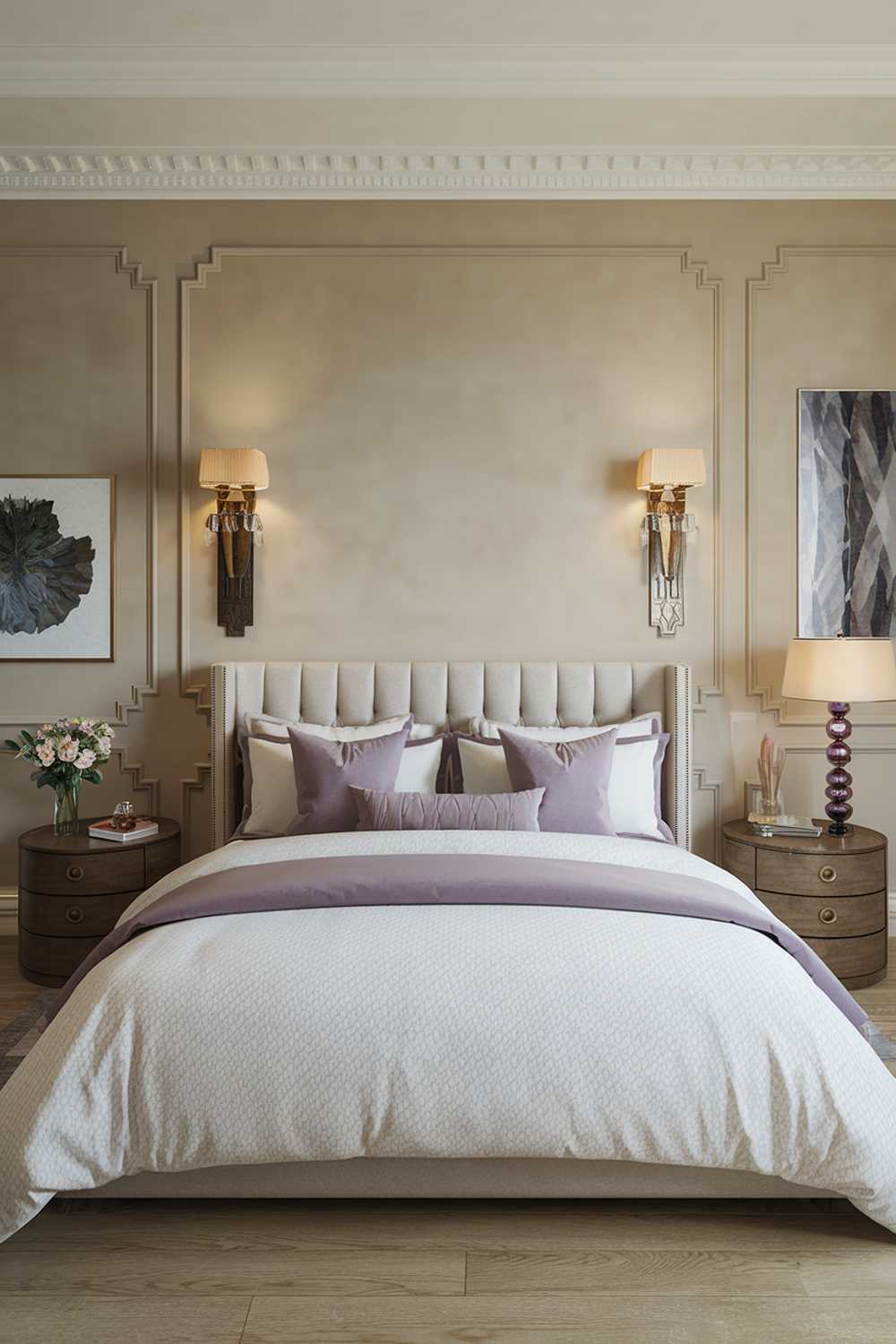 A modern luxury bedroom design. The room contains a king-sized bed with a white duvet and purple accent pillows. There's a wooden bedside table on each side of the bed, with a lamp and a vase of flowers on the nightstand. The walls are painted a soft beige color and have a few pieces of art. The floor is made of light wood.