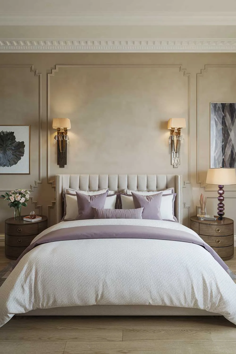 23 Modern Luxury Bedroom Design Ideas You'll Love 1 A modern luxury bedroom design. The room contains a king-sized bed with a white duvet and purple accent pillows. There's a wooden bedside table on each side of the bed, with a lamp and a vase of flowers on the nightstand. The walls are painted a soft beige color and have a few pieces of art. The floor is made of light wood.