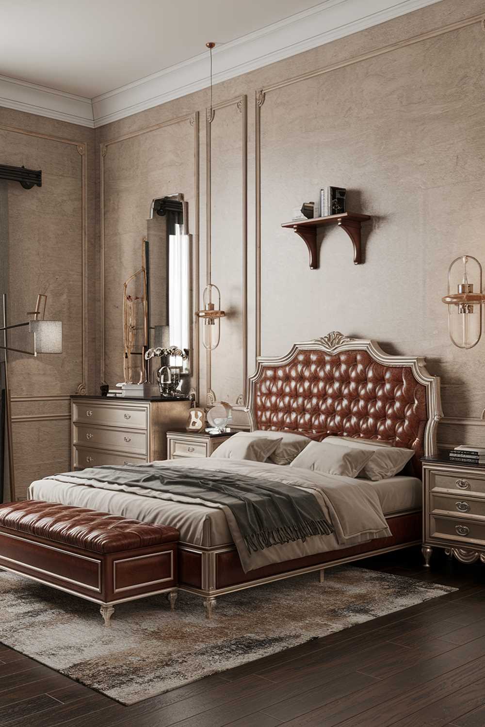 A modern luxury bedroom design with a king-size bed, a dresser, a nightstand, and a floor lamp. The bed has a leather headboard and is placed on a rug. The dresser and nightstand have a metallic finish. The walls have a beige texture and are adorned with a large wall mirror and a small wooden shelf. The floor is made of dark wood.