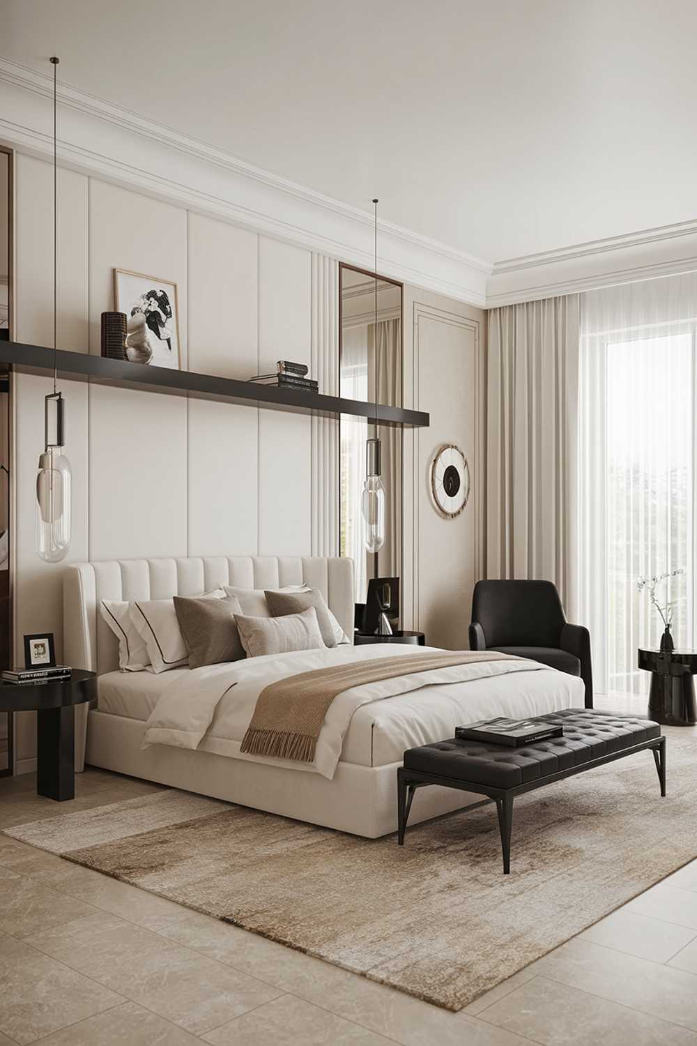 A modern luxury bedroom design and decor. The room has a light color scheme with a white bed, walls, and floor. There is a beige area rug underneath the bed. The room has a black side table next to the bed. There is a black shelf above the bed. There is a black chair in the room. The room has a few decorative items, such as a vase and a lamp. The room has a large window with white curtains.