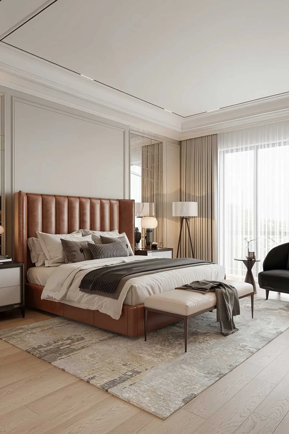 23 Modern Luxury Bedroom Design Ideas You'll Love 5 A modern luxury bedroom design and decor. The room features a king-size bed with a leather headboard, a white dresser, and a black chair. There's a large-area rug beneath the bed. The walls are painted in a light gray color. The room has a floor-to-ceiling window with white curtains. There's a floor lamp and a table lamp near the bed. The floor is made of light wood.