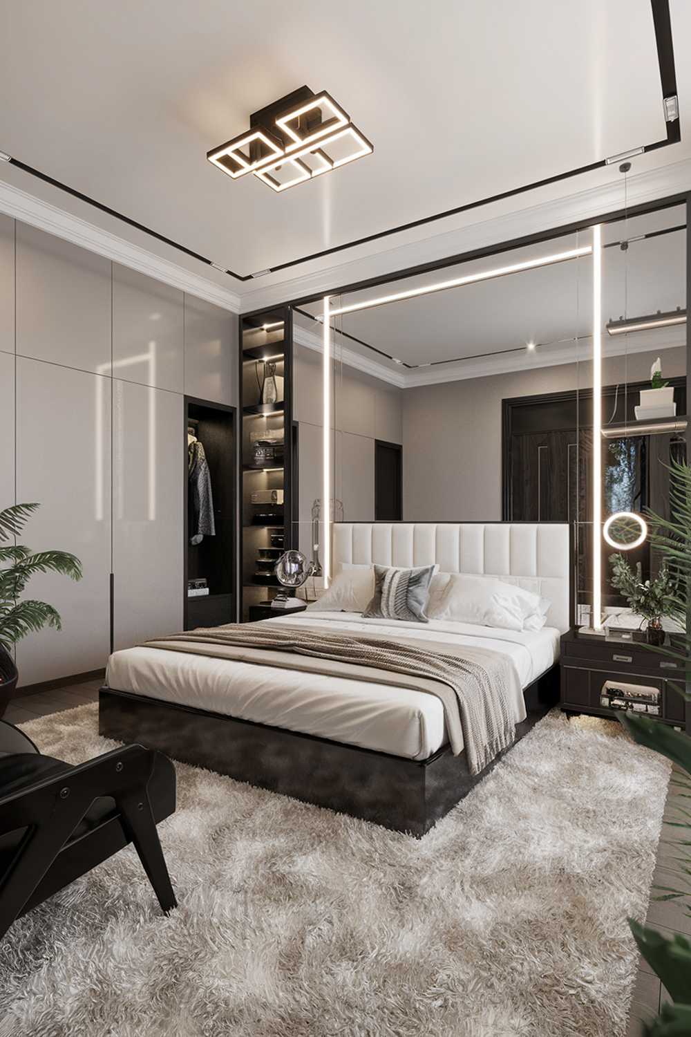 A modern luxury bedroom design and decor. The room has a king-size bed with a white headboard and a black frame. There's a black chair in the corner. On the right wall, there's a large mirror with built-in LED lights and a few shelves. On the left wall, there's a sleek cabinet. The floor is covered with a white shag rug. The room has a few potted plants. The ceiling has a modern lighting fixture.