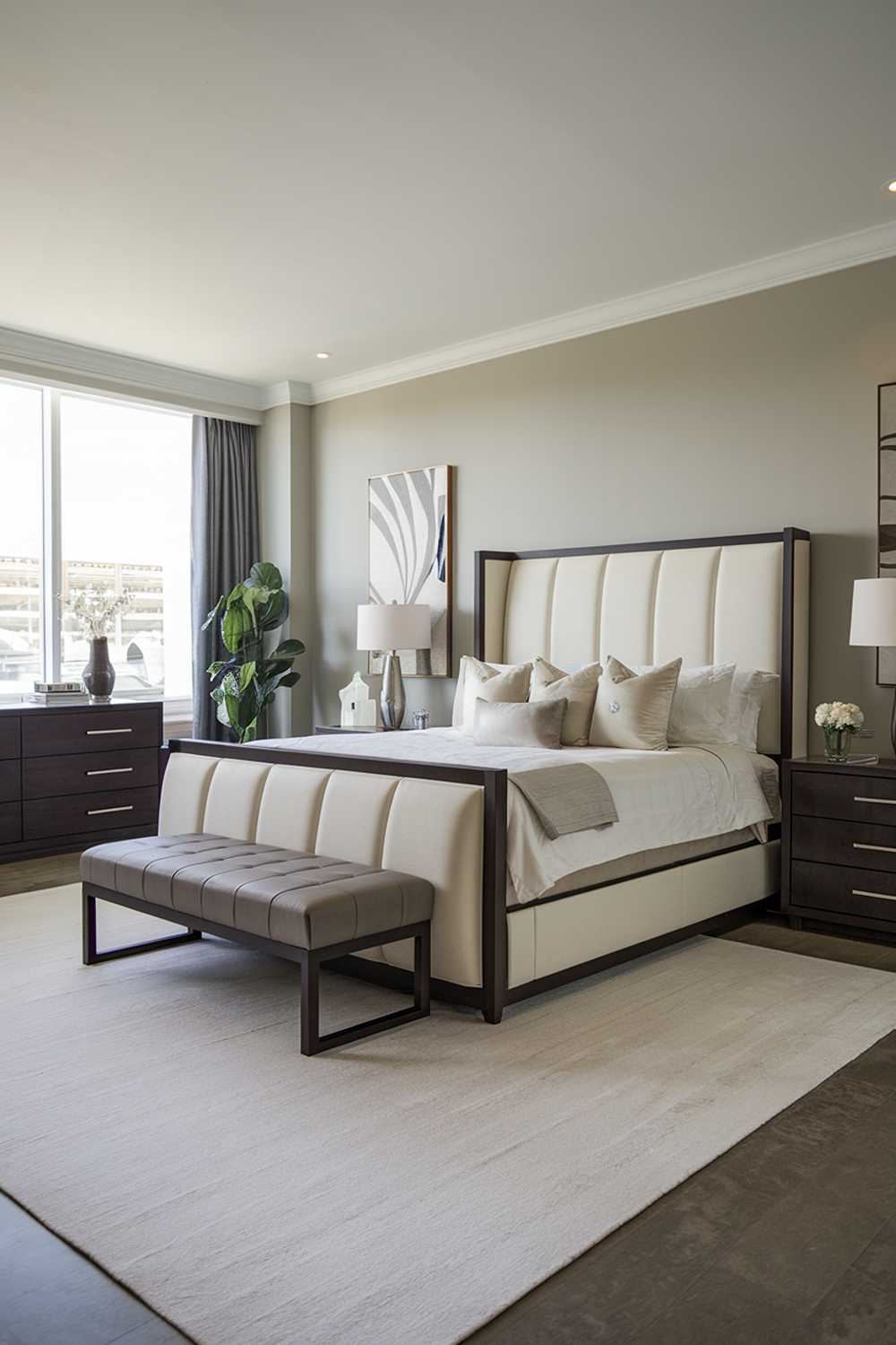 A modern luxury bedroom with a stylish design. The room features a king-size bed with a white headboard and a dark wood frame. There is a matching dark wood dresser and nightstand. The bed is placed near the window. The floor is covered with a white rug. The walls are painted in a light gray color. There are a few decorative items, including a lamp, a plant, and a wall art.