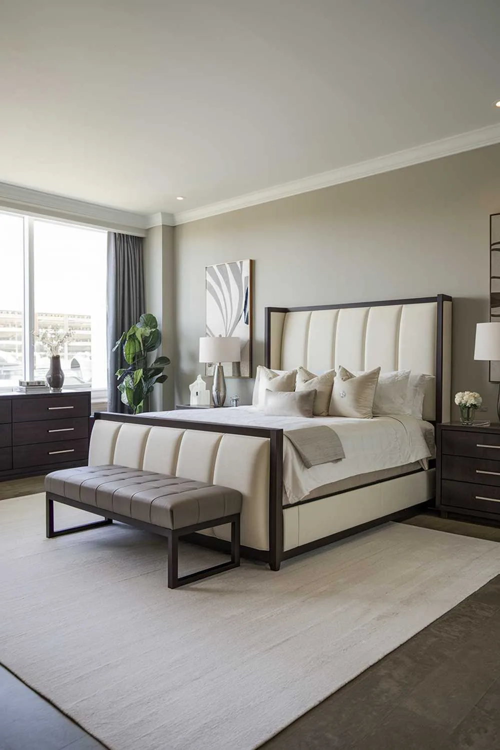 23 Modern Luxury Bedroom Design Ideas You'll Love 7 A modern luxury bedroom with a stylish design. The room features a king-size bed with a white headboard and a dark wood frame. There is a matching dark wood dresser and nightstand. The bed is placed near the window. The floor is covered with a white rug. The walls are painted in a light gray color. There are a few decorative items, including a lamp, a plant, and a wall art.