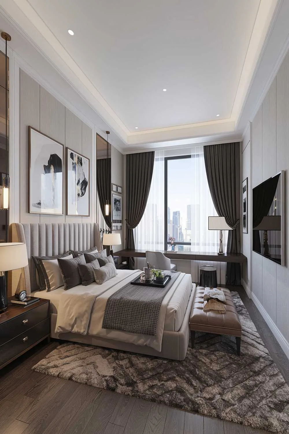 23 Modern Luxury Bedroom Design Ideas You'll Love 9 A modern luxury bedroom design and decor. The room has a king-size bed with a plush headboard. There is a large wall-mounted TV on one side of the bed. On the opposite side, there is a sleek nightstand with a lamp. The room has a large window with blackout curtains. There is a plush rug under the bed. The walls are adorned with modern art.