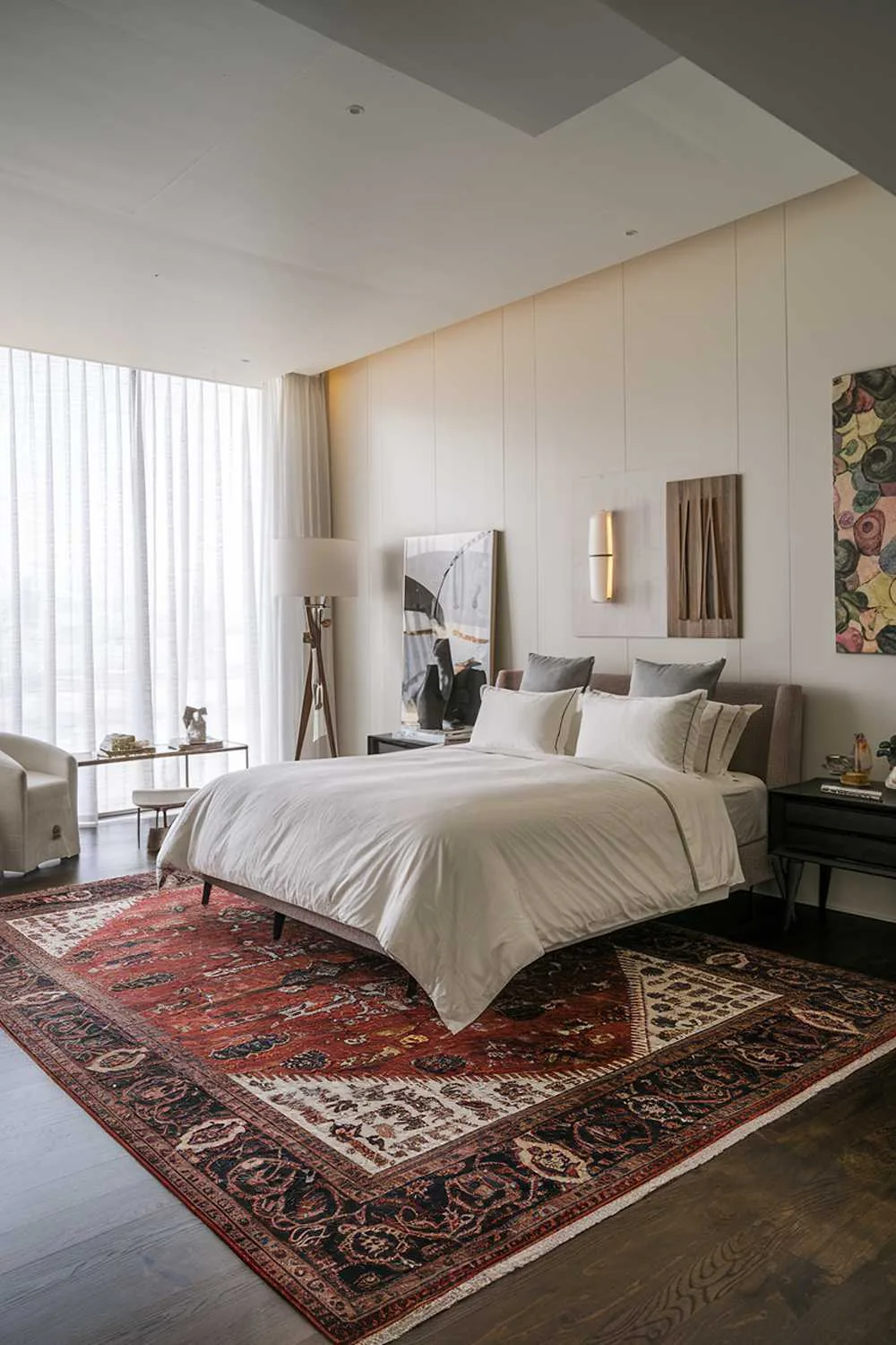 23 Modern Luxury Bedroom Design Ideas You'll Love 10 A modern luxury bedroom with a Persian rug. The room has a king-sized bed with a white duvet and grey pillows. There's a black wooden nightstand on one side of the bed. A floor lamp with a white shade is placed near the nightstand. The wall behind the bed has a few pieces of artwork. The room has a large window with a white curtain. The floor is made of dark hardwood.