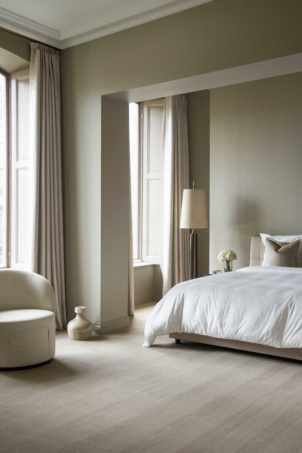 A modern luxury bedroom. The room has a minimalist design with a few select pieces of furniture. There is a king-size bed with a white duvet and accent pillows. The bed is placed against the wall, opposite to the entrance. The walls are painted in a soft gray hue. The floor is covered with beige carpeting. A floor lamp with a beige shade is placed near the bed. A white chair with a beige cushion is placed near the bed. The room has large windows with white curtains.