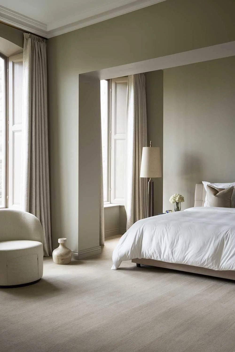 23 Modern Luxury Bedroom Design Ideas You'll Love 11 A modern luxury bedroom. The room has a minimalist design with a few select pieces of furniture. There is a king-size bed with a white duvet and accent pillows. The bed is placed against the wall, opposite to the entrance. The walls are painted in a soft gray hue. The floor is covered with beige carpeting. A floor lamp with a beige shade is placed near the bed. A white chair with a beige cushion is placed near the bed. The room has large windows with white curtains.