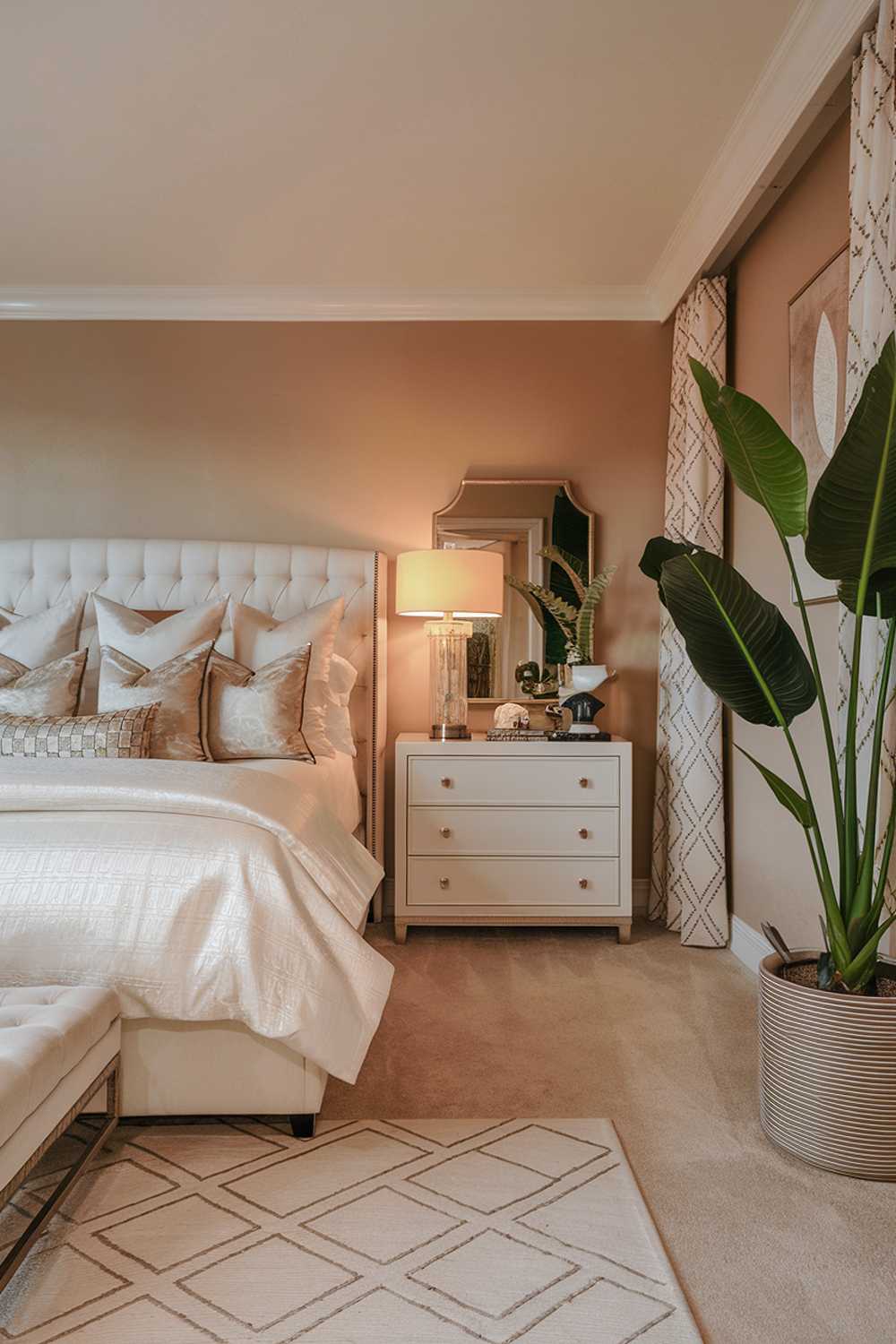 A classy modern luxury bedroom design. The room has a king-size bed with a plush white duvet and several decorative pillows. There's a white dresser with a mirror and a lamp. A large green plant sits on the floor. The walls are painted a soft beige. The floor is covered with a beige carpet. The room has a geometric pattern rug. The lighting is warm.