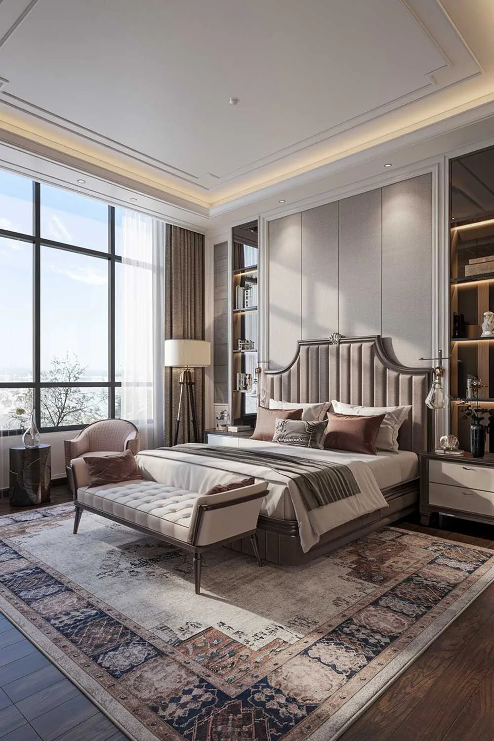 23 Modern Luxury Bedroom Design Ideas You'll Love 14 A classy modern luxury bedroom design with a highly detailed and sophisticated aesthetic. The room features a king-size bed with a plush headboard and a bedside table on each side. The bed is positioned against a wall with a large window, allowing natural light to fill the room. A large area rug covers the floor. A floor lamp stands near the bed. The wall opposite the bed has a built-in shelf with a few decorative items. The ceiling has recessed lighting.