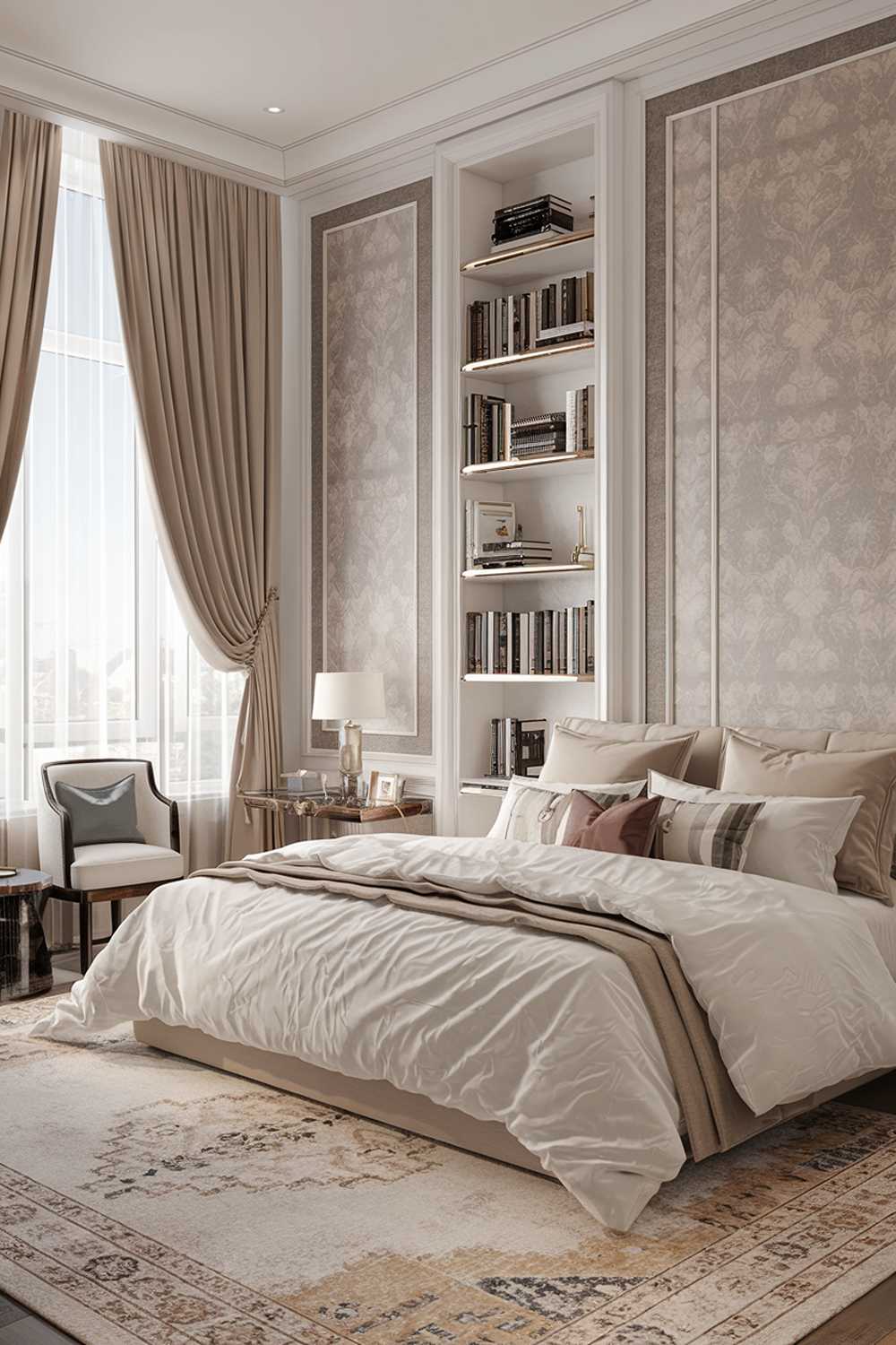 A classy modern luxury bedroom design with a highly detailed view. The room features a king-sized bed with a plush white duvet and multiple beige and grey pillows. A beige area rug covers the floor. A white bookshelf with various books is placed beside the bed. A small table with a white lamp is placed near the bed. The walls have beige and grey patterned wallpaper. The room has large windows with beige curtains.