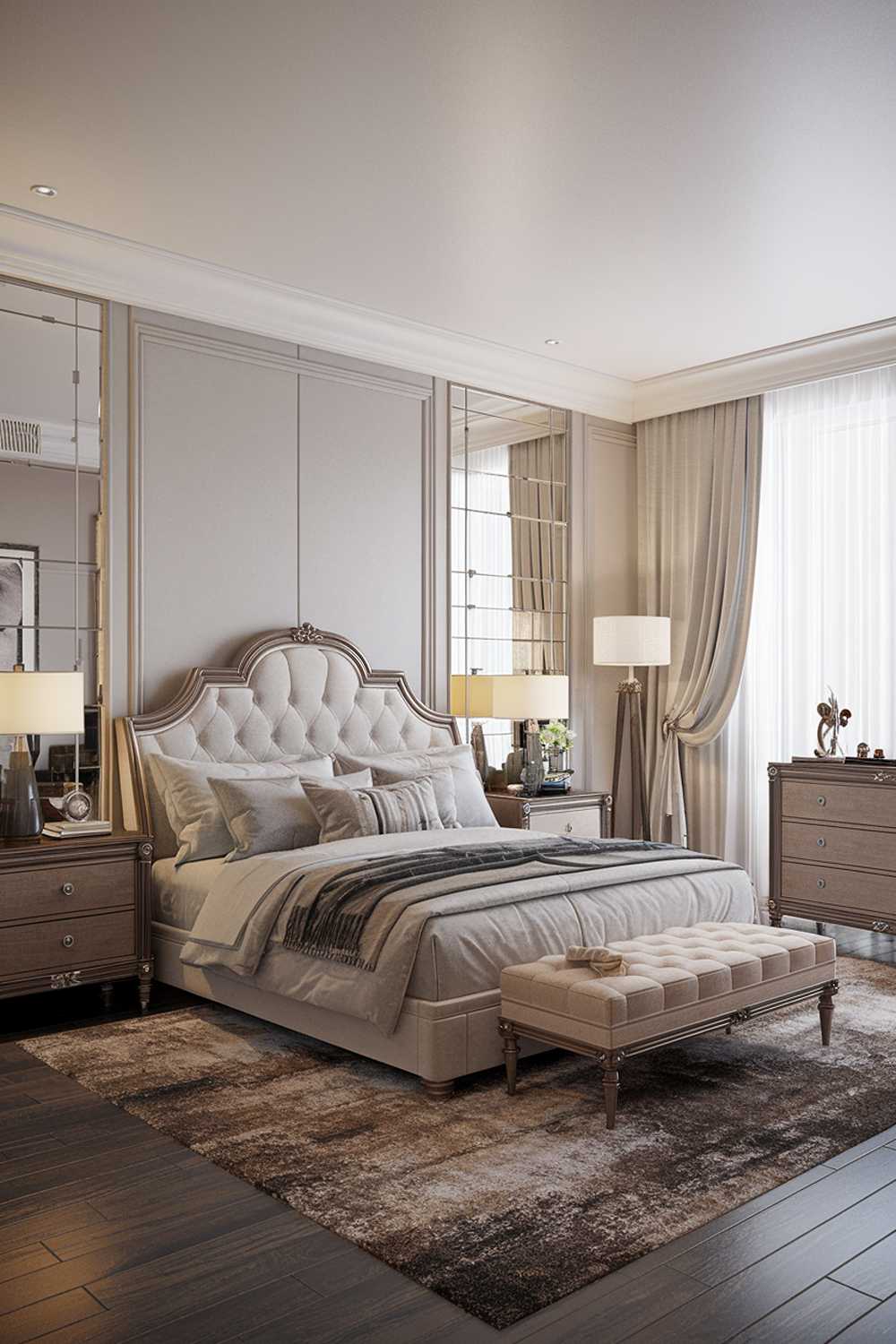 A classy modern luxury bedroom design with a king-size bed, two nightstands, a dresser, and a large mirror. There's a plush rug underneath the bed. The walls are painted in a soft grey hue, and the ceiling is white. There's a floor lamp near the bed and a table lamp on one of the nightstands. The room has a large window with white curtains.