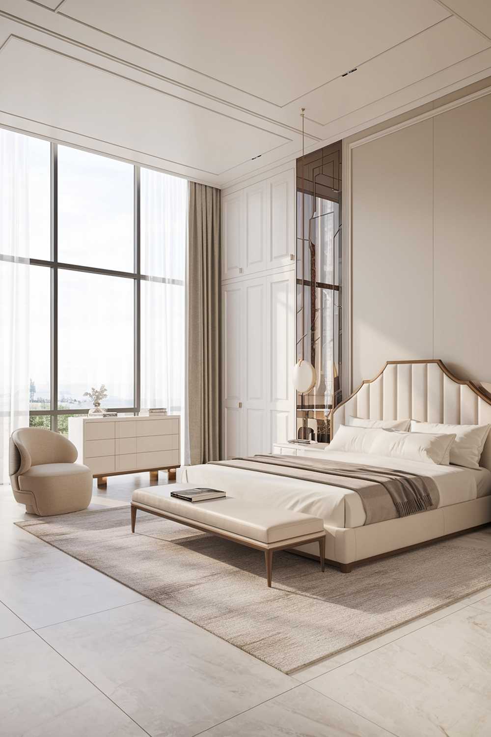 A classy modern luxury bedroom design with a high ceiling and large windows. There is a king-size bed with a white bed frame and a beige headboard. The bed is placed near the window. There is a beige chair and a white side table near the bed. The room has a white dresser and a white wardrobe. The walls are painted in a light beige color. The floor is made of white marble.