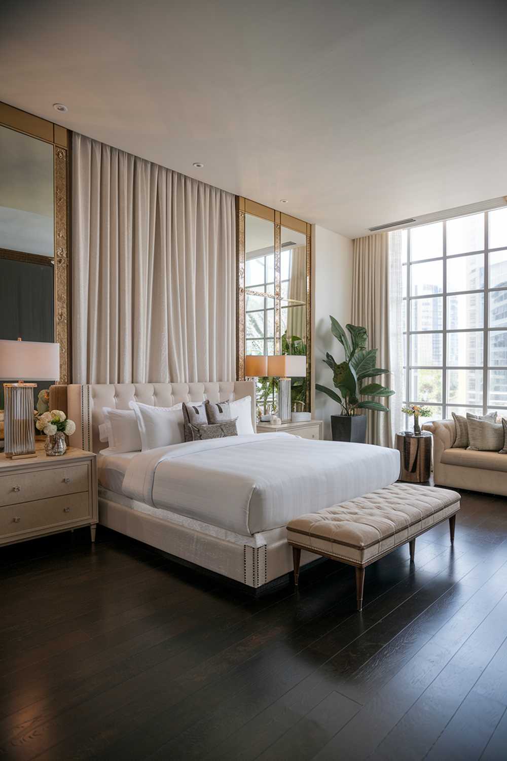 A classy modern luxury bedroom design. The room has a king-size bed with a plush mattress and white sheets. The bed is placed on a dark wood floor. There is a nightstand on each side of the bed with a lamp and decorative items. The wall behind the bed has a large window with white curtains. The room has a small seating area with a beige sofa and a side table. The room has a few potted plants. The lighting is soft.