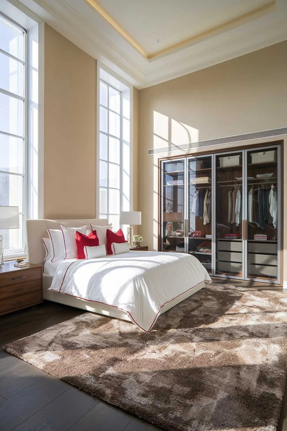 23 Modern Luxury Bedroom Design Ideas You'll Love 20 A modern luxury bedroom design. The room has a high ceiling and is illuminated by natural light streaming in through large windows. There is a king-size bed with a white duvet and red accent pillows. The bed is placed against the wall close to the windows. The floors are made of dark wood. The walls are painted in a soft beige colour. There is a wooden nightstand on the left side of the bed. The nightstand has a lamp and a small decorative item. The room has a plush rugcovering a large portion of the floor. There is a large wardrobe against the wall opposite the bed. The wardrobe has glass doors and is neatly organized with clothes.