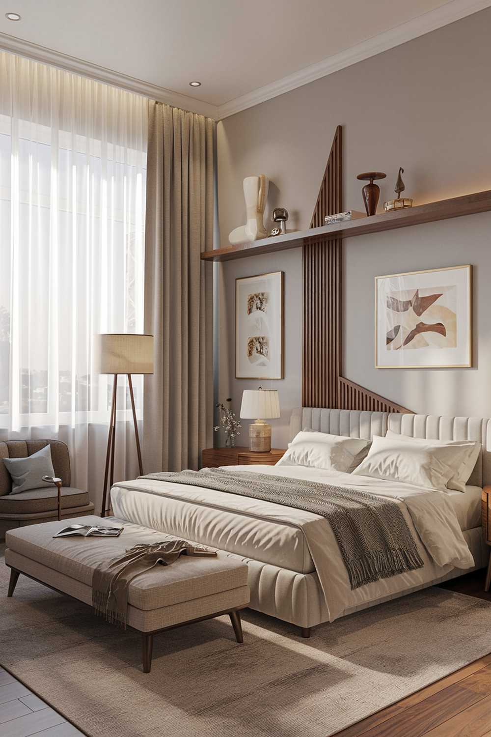 A classy modern luxury bedroom design with a highly detailed cozy classy modern luxury bedroom design. The room has a king-size bed with a plush mattress, a wooden bedside table, and a floor lamp. There is a large window with white curtains. The walls are painted in a soft gray hue. The floor is covered with a beige rug. There is a wooden shelf above the bed with a few decorative items. The room has a few pieces of art on the walls.