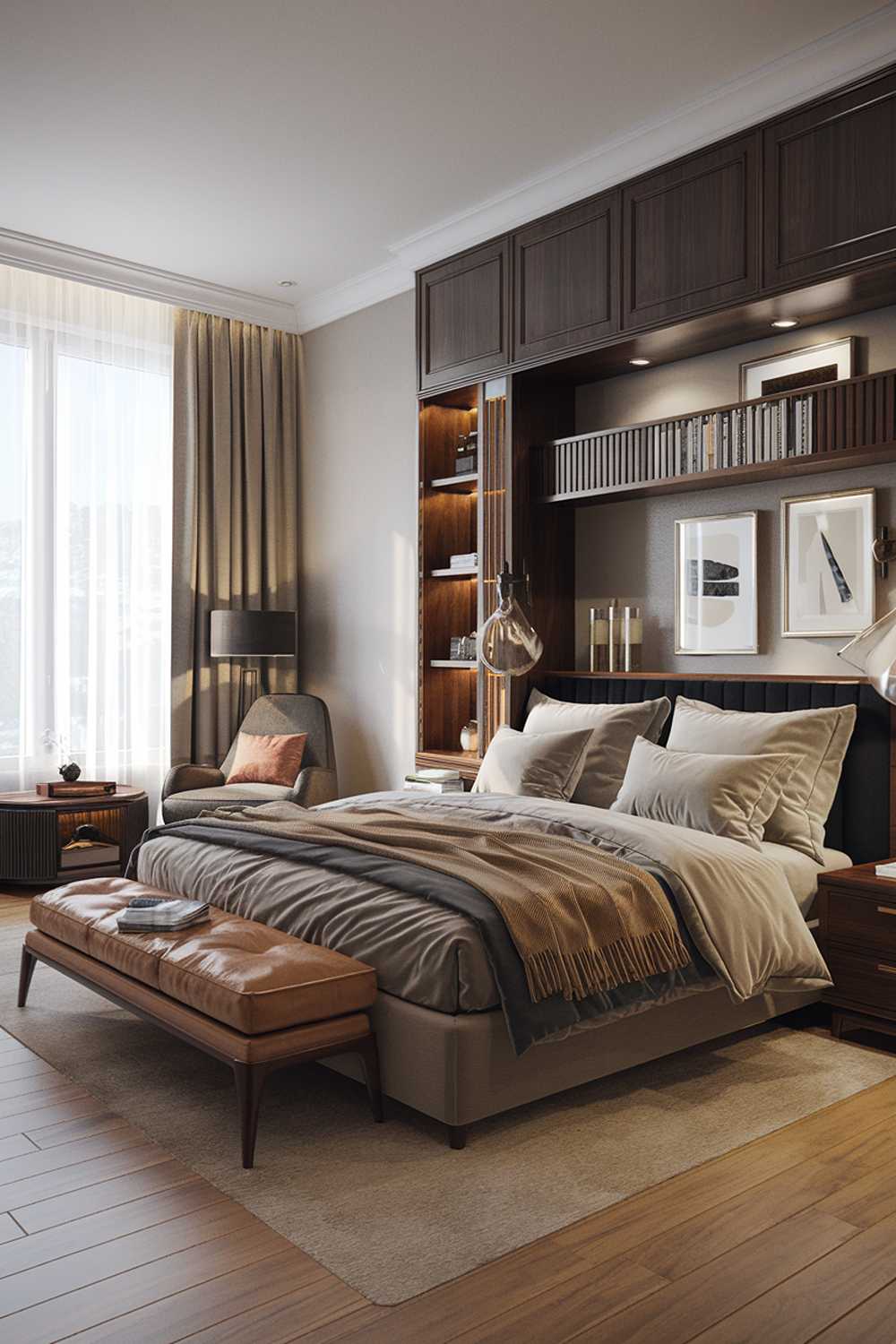 A modern luxury bedroom design with a king-sized bed, plush pillows, and a warm duvet. The room has a mid-century modern style with a dark wood headboard, a built-in nightstand, and a wall of built-in shelves. There is a large window with curtains that lets in natural light. The floor is made of light wood. The room is furnished with a side table, a chair, and a lamp. The walls are painted in a light grey colour.