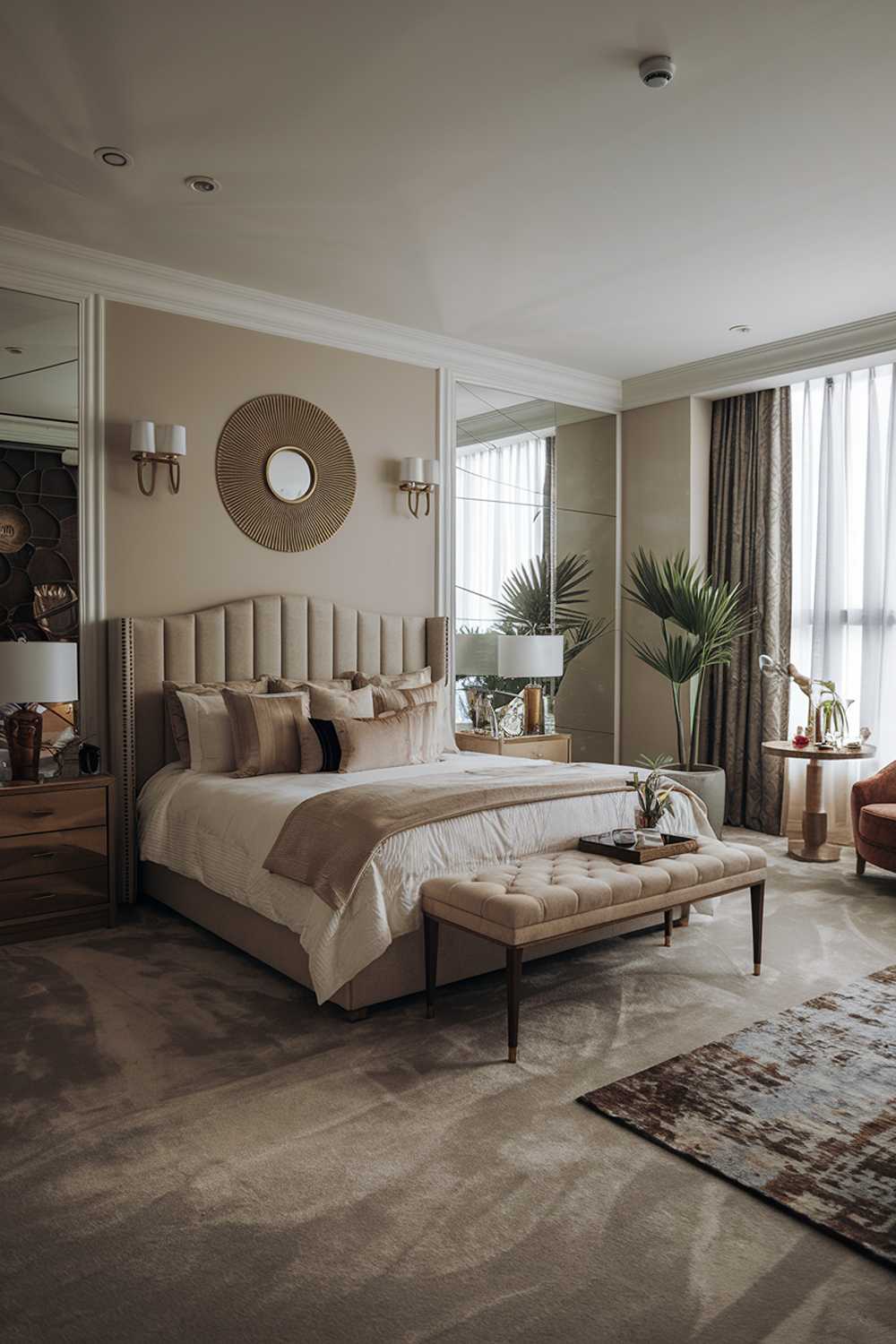 A modern luxury bedroom design. The room has a plush carpeted floor and a large window with a curtain. There's a king-size bed with a beige headboard, a bedside table on either side, and a lamp. On the opposite wall, there's a large mirror and a wall-mounted cabinet. The wall has a few decorative items. The room has a few plants and a rug. The lighting is soft.