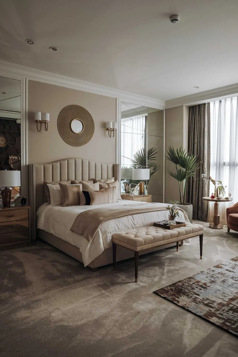 23 Modern Luxury Bedroom Design Ideas You'll Love 23 A modern luxury bedroom design. The room has a plush carpeted floor and a large window with a curtain. There's a king-size bed with a beige headboard, a bedside table on either side, and a lamp. On the opposite wall, there's a large mirror and a wall-mounted cabinet. The wall has a few decorative items. The room has a few plants and a rug. The lighting is soft.