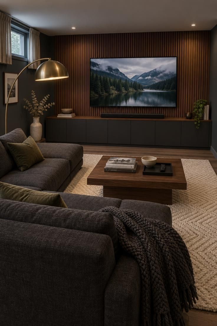 Basement media lounge with a television set into a walnut slat wall, a charcoal sectional, a brass arc floor lamp, and an ivory wool rug.