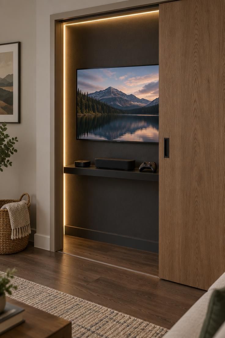 Converted closet media niche with a wall-mounted screen, a black floating shelf holding small devices, and warm LED strip lighting around the opening.