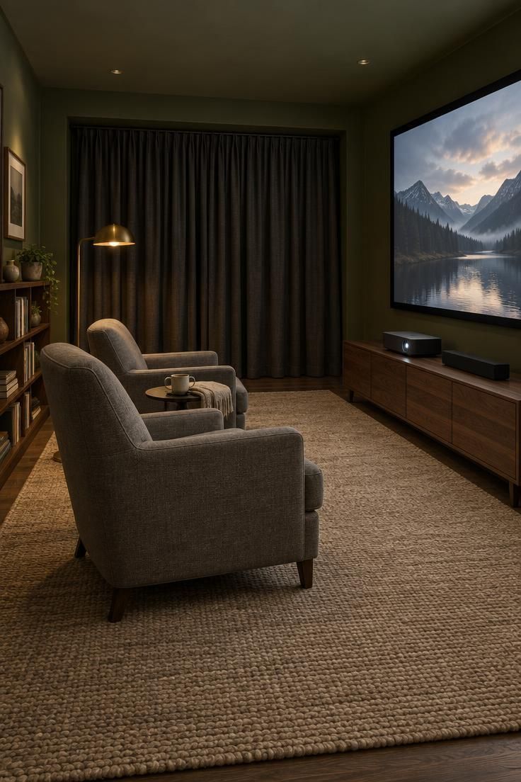 Media room with olive green walls, blackout curtains over a window alcove, a projection screen, two upholstered armchairs, and a sand wool rug.