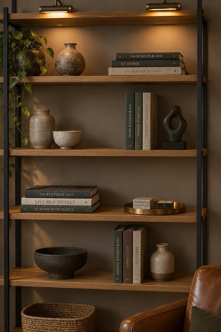 Floor-to-ceiling blackened steel and oak shelving unit holding pottery, books, and a small sculpture, lit by two picture lights.