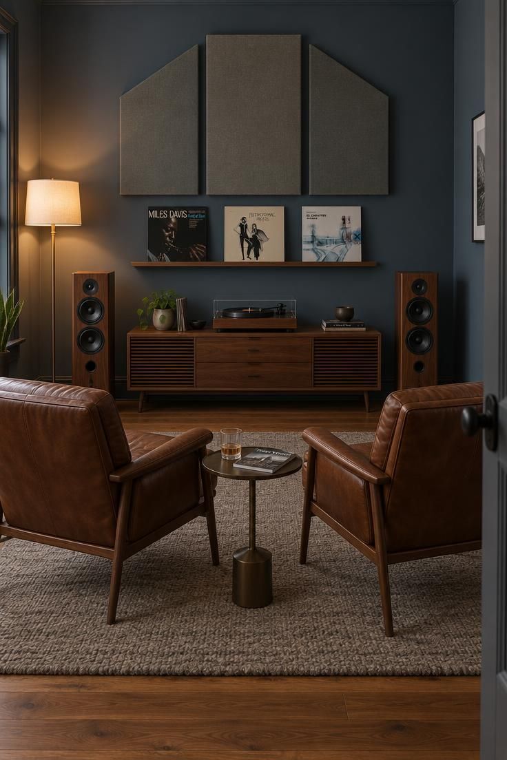 Slate blue listening room with acoustic panels as wall art, two leather chairs, a walnut media console, speakers, and a turntable.