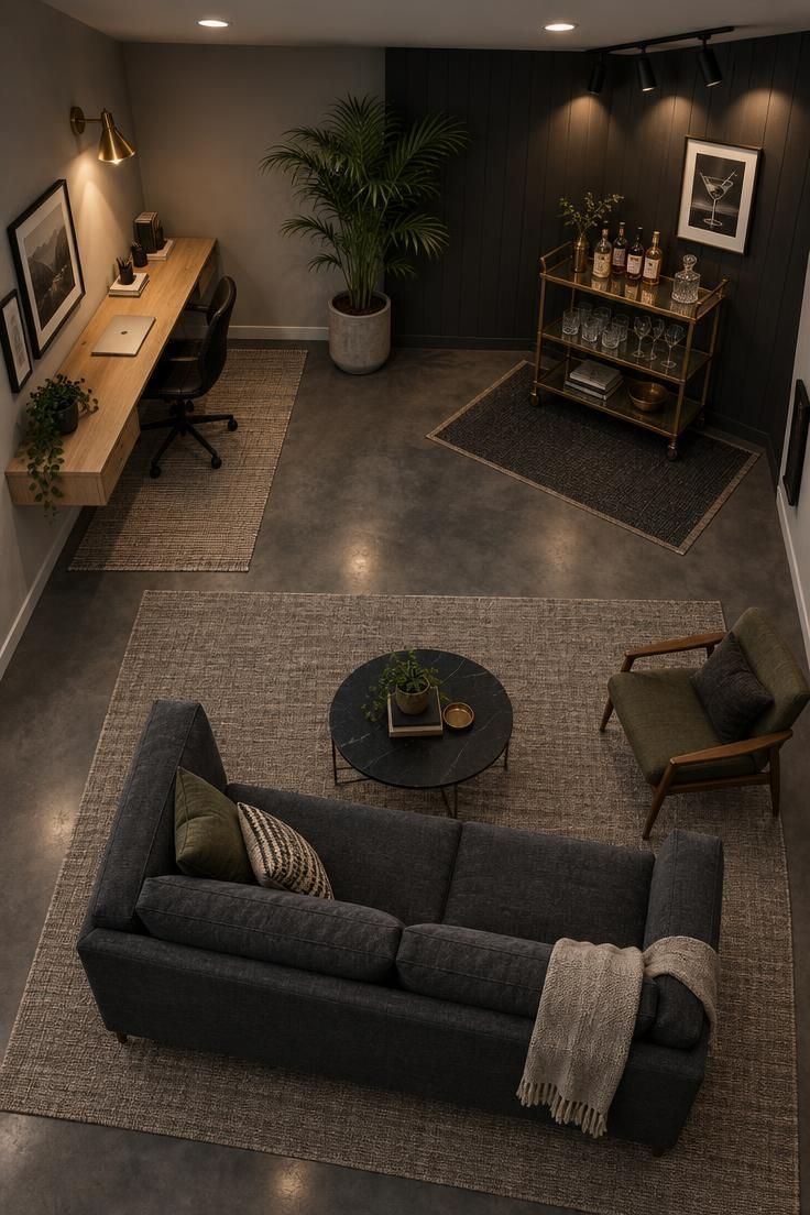 Open bonus room with a charcoal sofa on a rug, a slim oak desk, and a brass bar cart against a dark accent wall on an epoxy floor.