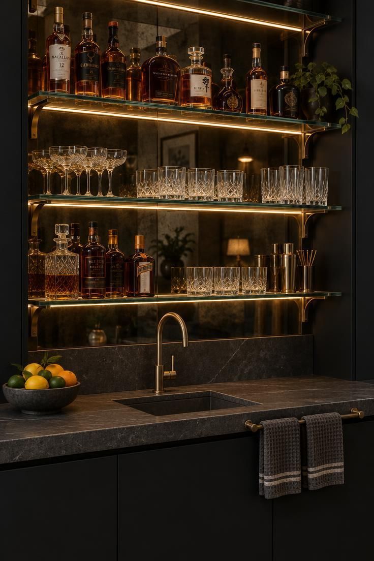 Honed charcoal stone bar counter with glass shelves, backlit bottles, a mirrored wall, and bronze accents.