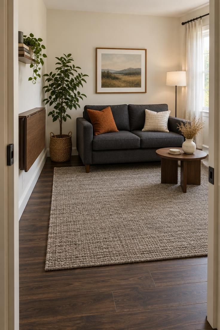 Bright bonus room with warm white walls, a dark wood floor, a warm gray rug under a charcoal loveseat, and a folded wall desk.
