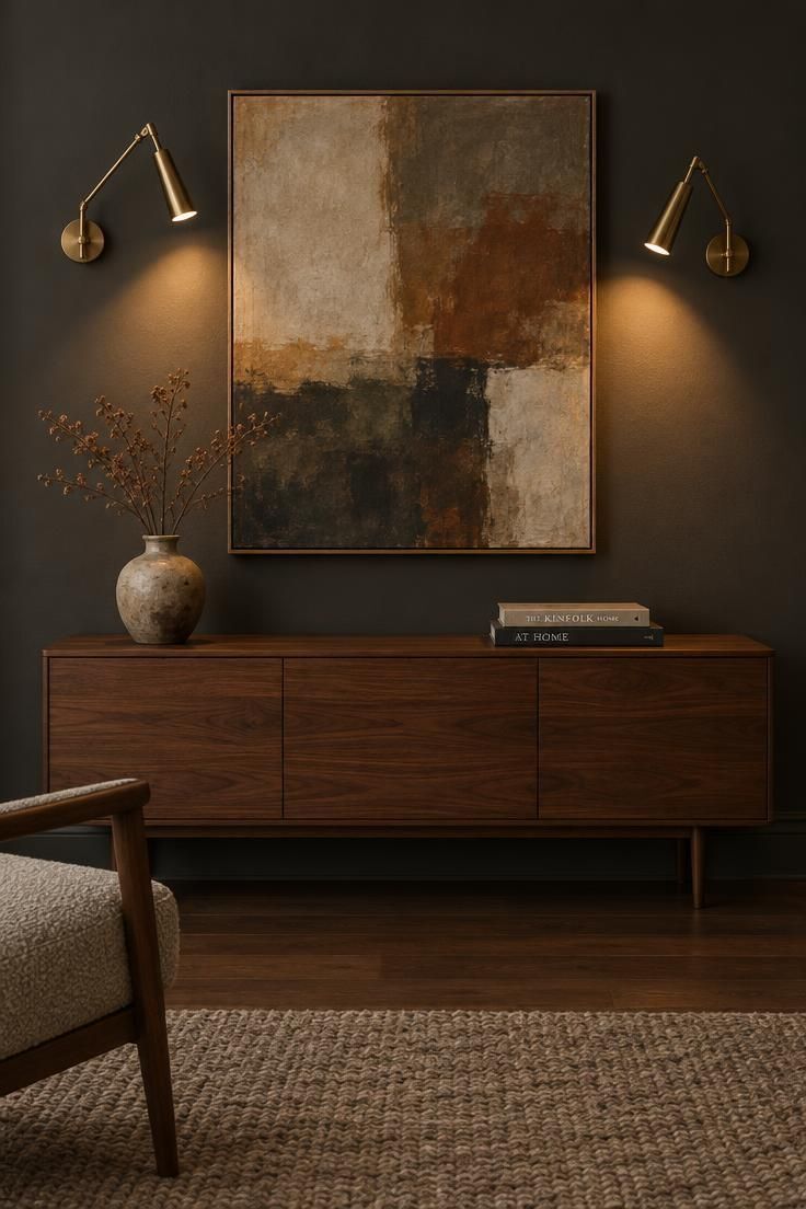 Charcoal feature wall with a large abstract painting flanked by two brushed brass articulated sconces tilted at different angles.
