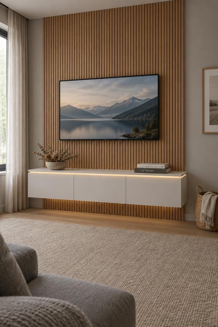 Media wall with a screen on a fluted oak panel, a floating white console beneath, an LED strip under the console, and no visible cords.