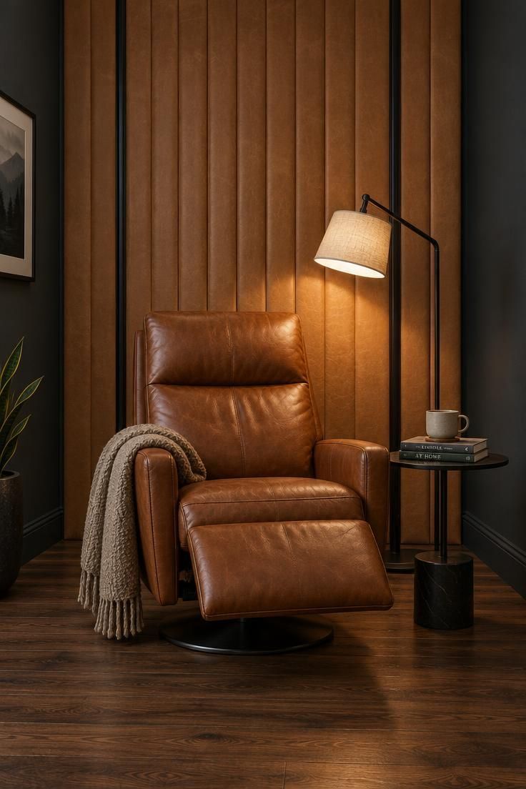 Tan leather wall panels with channel stitching behind a cognac leather recliner and reading lamp.