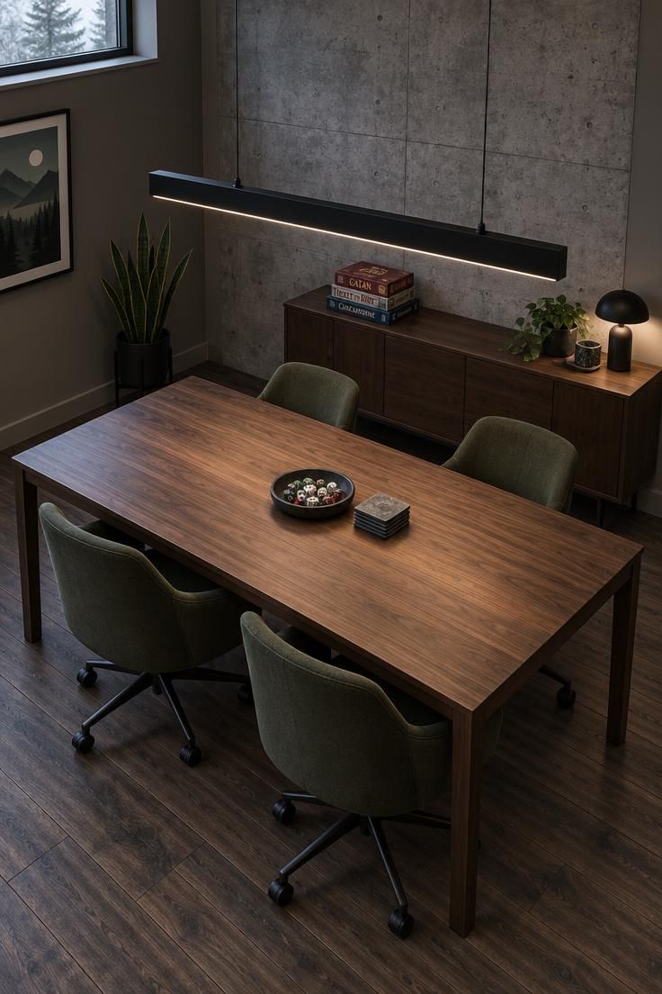 Game table under a long black linear pendant with a concrete-look wall panel behind it and chairs on casters in olive fabric.