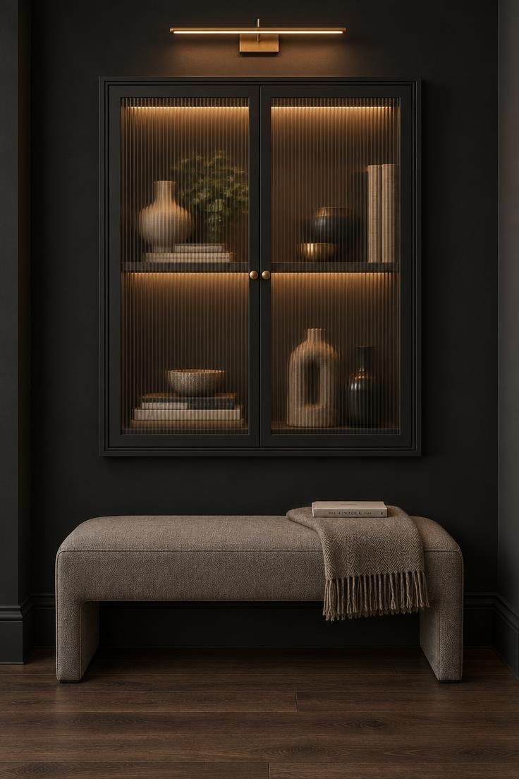 Matte black end wall with a fluted glass display cabinet, brass knobs, and a low upholstered bench beneath.
