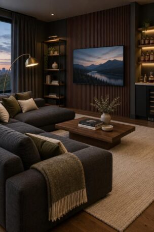 Cozy modern man cave with charcoal walls, a charcoal sectional, a walnut slat media wall, a brass arc lamp, a blackened steel shelving unit, and a built-in bar with backlit shelves.