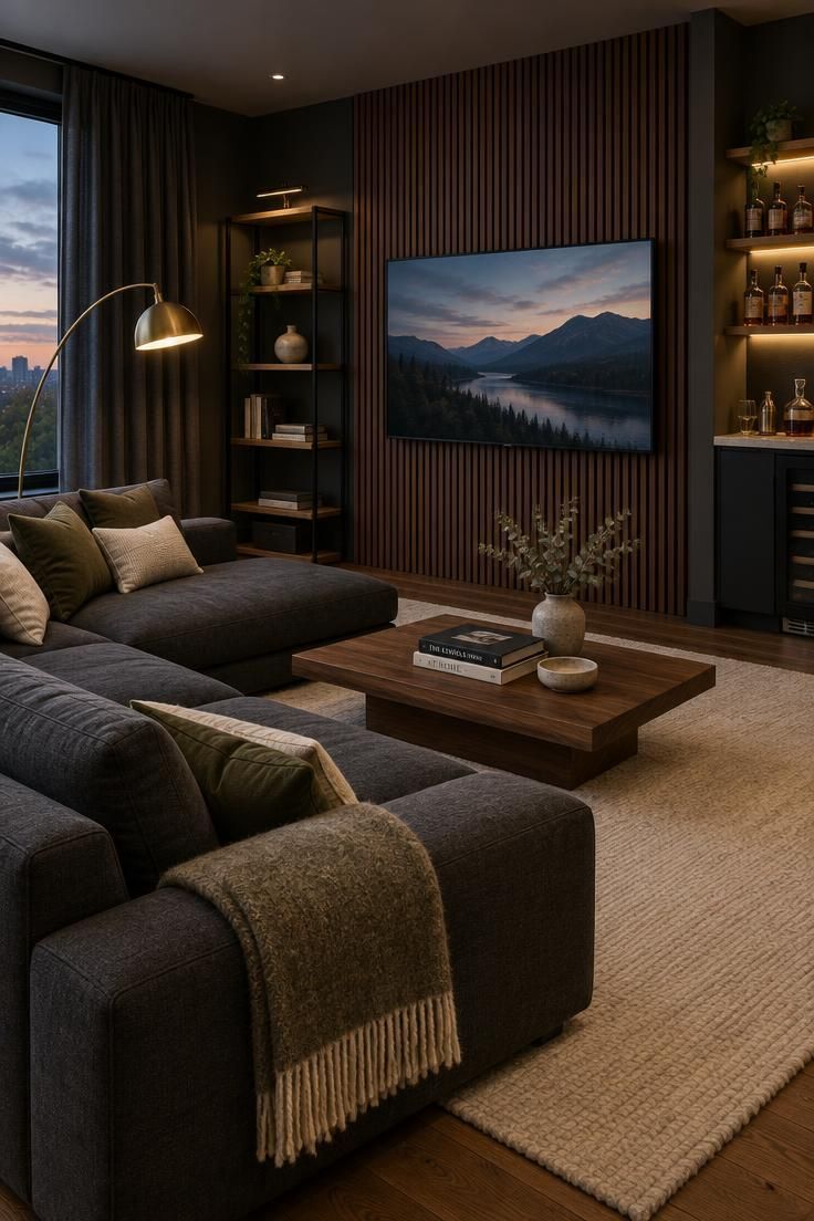 Cozy modern man cave with charcoal walls, a charcoal sectional, a walnut slat media wall, a brass arc lamp, a blackened steel shelving unit, and a built-in bar with backlit shelves.