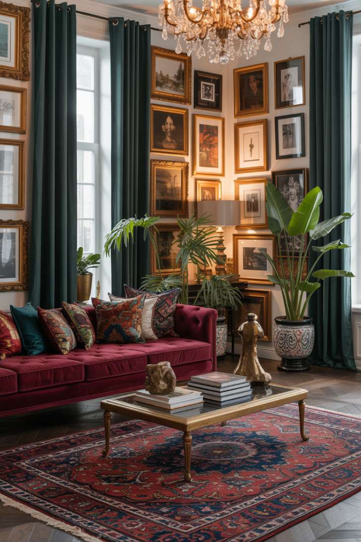 A modern maximalist living room with emerald curtains, burgundy sofa, Persian rug, gallery wall, and crystal chandelier