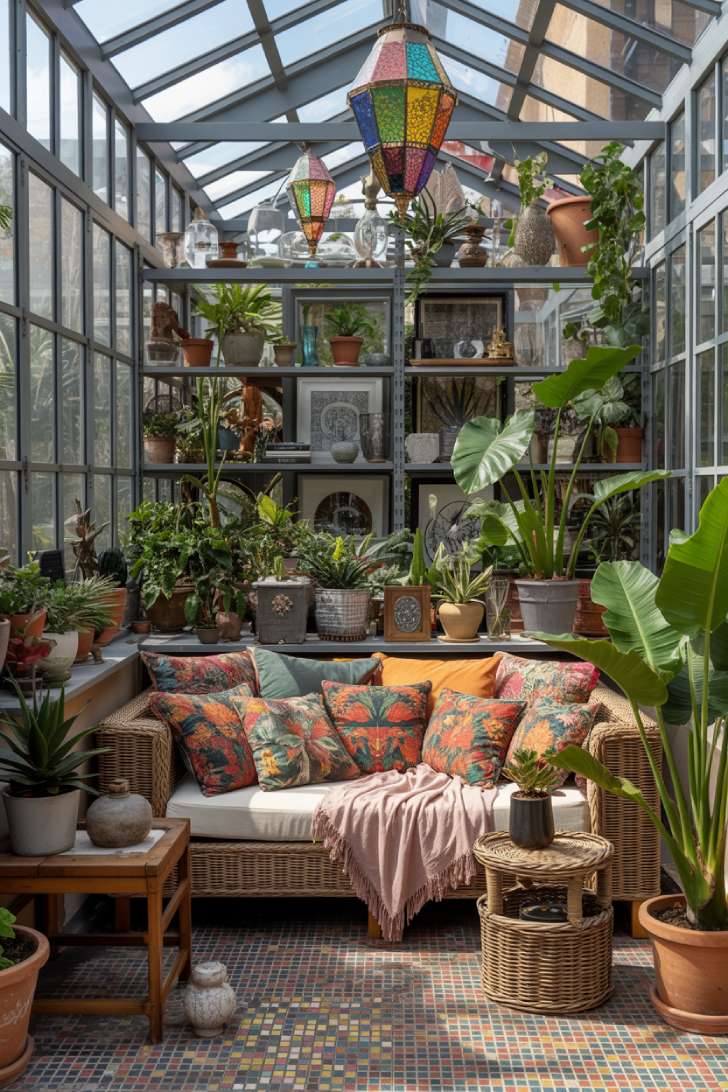 A maximalist sunroom with floor-to-ceiling windows, abundant tropical plants, rattan furniture with tropical print cushions, Moroccan lanterns, and mosaic tile floor
