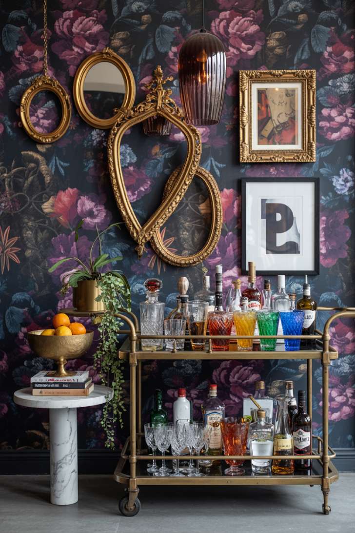 A maximalist bar cart vignette against dark floral wallpaper with brass cart, crystal glassware, ornate mirrors, smoked glass pendant lighting, and styled marble console