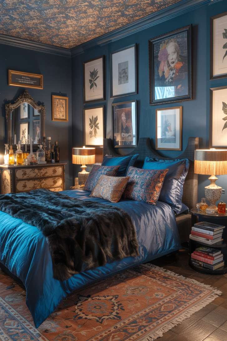 A maximalist bedroom with canopy bed, navy walls, gallery of botanical prints, and layered patterned textiles