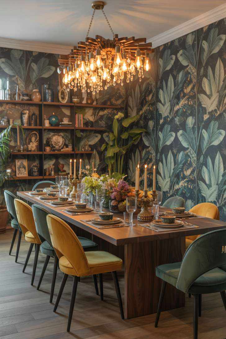 A maximalist dining room with mismatched velvet chairs, botanical wallpaper, crystal chandelier, and layered table styling