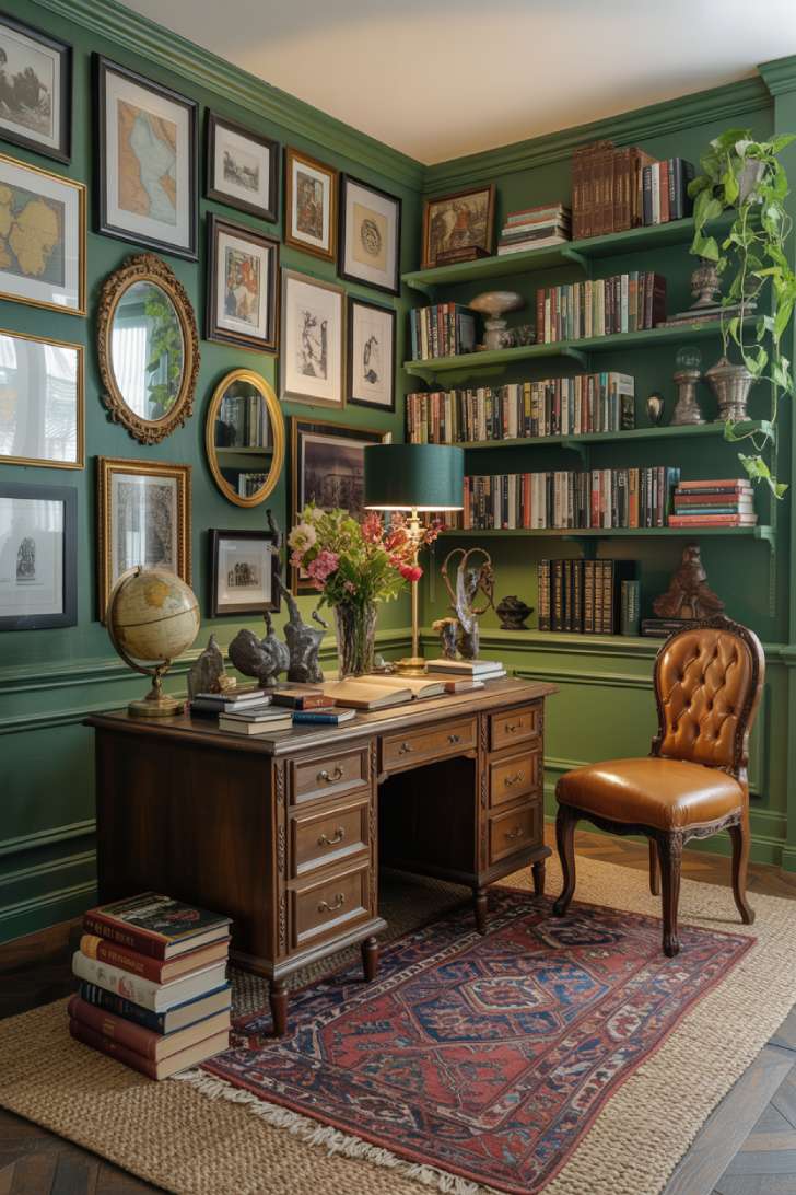 A maximalist home office with dark green walls, gallery of framed maps, antique desk, Persian rug, and color-organized bookshelves