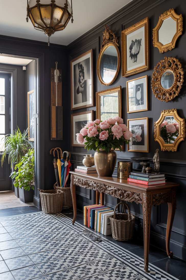 A maximalist entryway with dark walls, ornate gallery of mirrors and artwork, carved console table, encaustic tile floor, and vintage chandelier