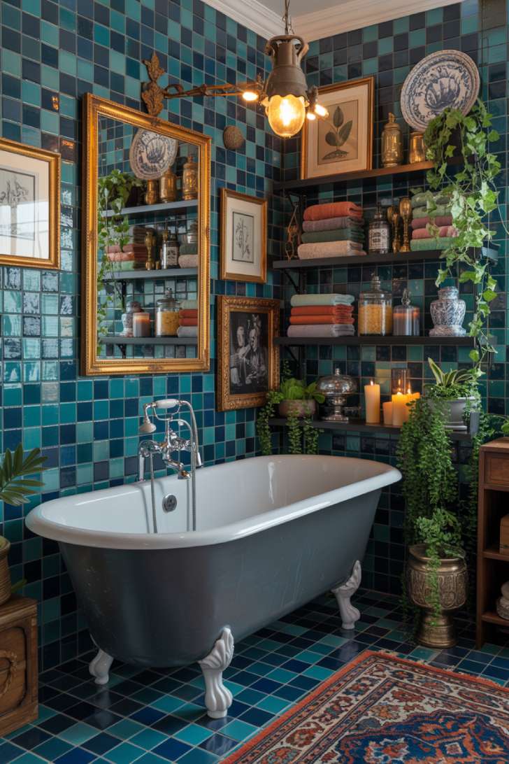 A maximalist bathroom with teal zellige tiles, black clawfoot tub, botanical prints, trailing plants, and patterned vintage rug