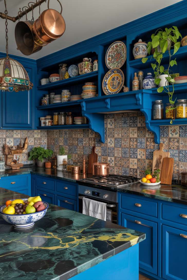 A maximalist kitchen with cobalt blue cabinets, dark green marble countertops, Mediterranean tiles, open shelving with ceramics, and stained glass pendants