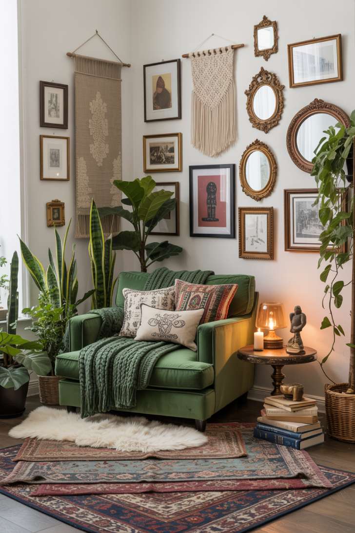 A maximalist living room corner with emerald velvet armchair, gallery wall of mixed art, layered rugs, trailing plants, and warm lamp lighting