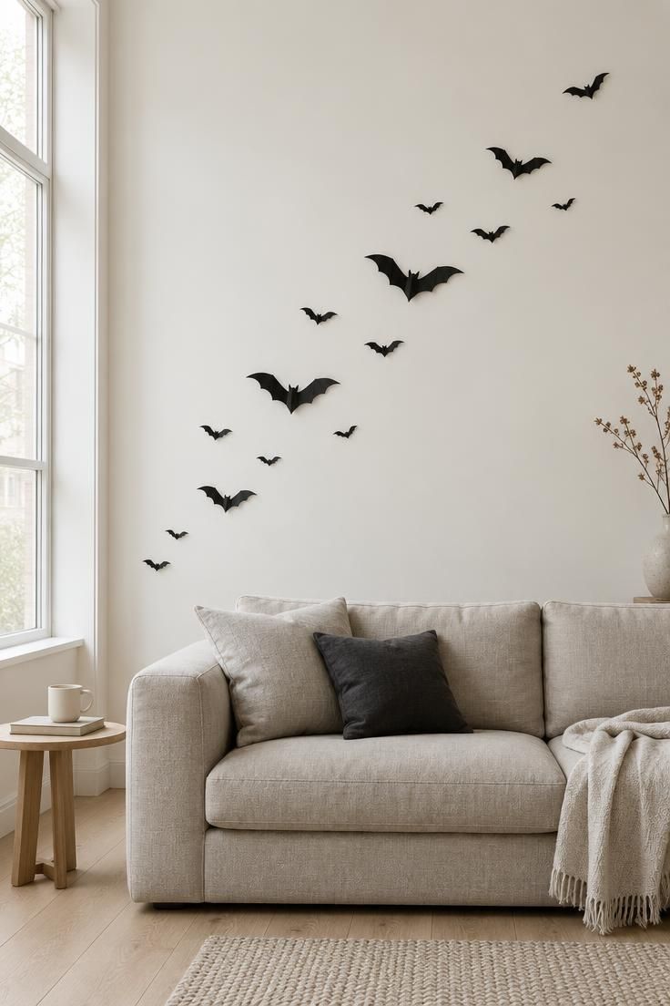 A bright off-white living room wall with a scattered diagonal arrangement of matte black paper bat silhouettes in three sizes above a low oatmeal sofa, the rest of the wall left bare beneath soft daylight.